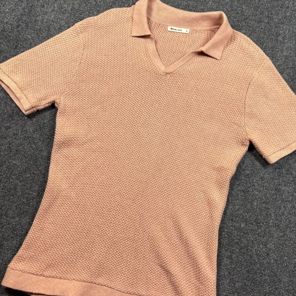 Marine Layer Polo Shirt Mens M Pink Waffle Knit Johnny Collar Short Sleeve